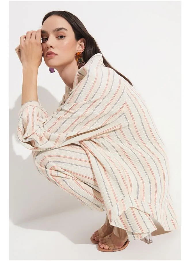 جون June Women Exclusive Balloon Sleeve 100% Cotton Striped Kimono Beige