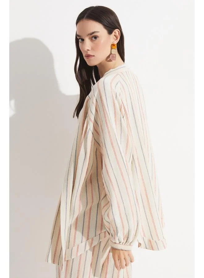JUNE June Women Exclusive Balloon Sleeve 100% Cotton Striped Kimono Beige