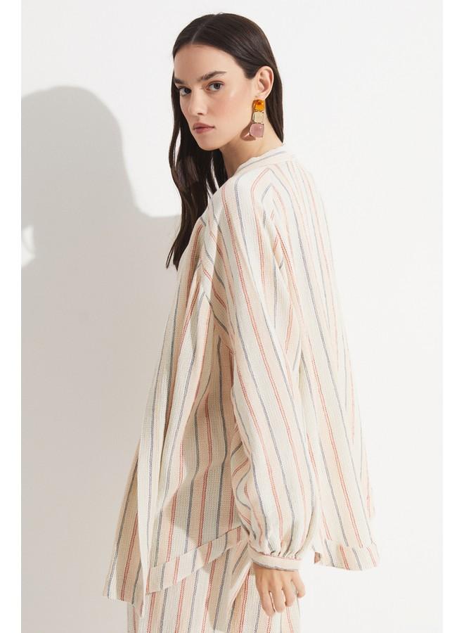 جون كيمونو نسائي صيفي قطن 100% مخطط بيج بأكمام بالون - Image 4