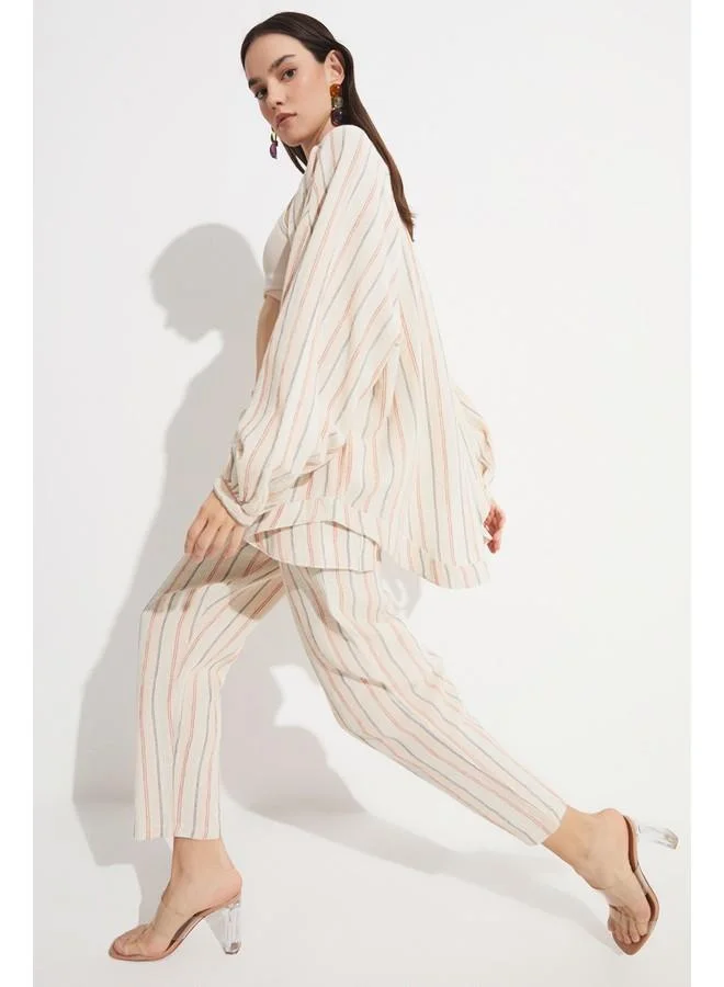 JUNE June Women Exclusive Balloon Sleeve 100% Cotton Striped Kimono Beige