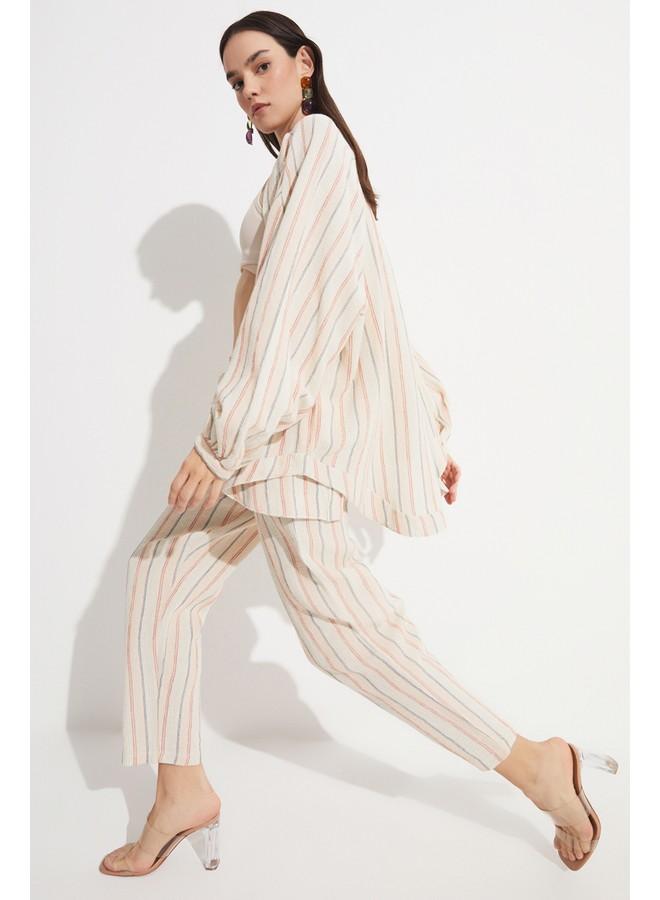 جون كيمونو نسائي صيفي قطن 100% مخطط بيج بأكمام بالون - Image 3