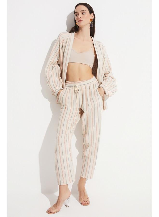 جون كيمونو نسائي صيفي قطن 100% مخطط بيج بأكمام بالون - Image 2