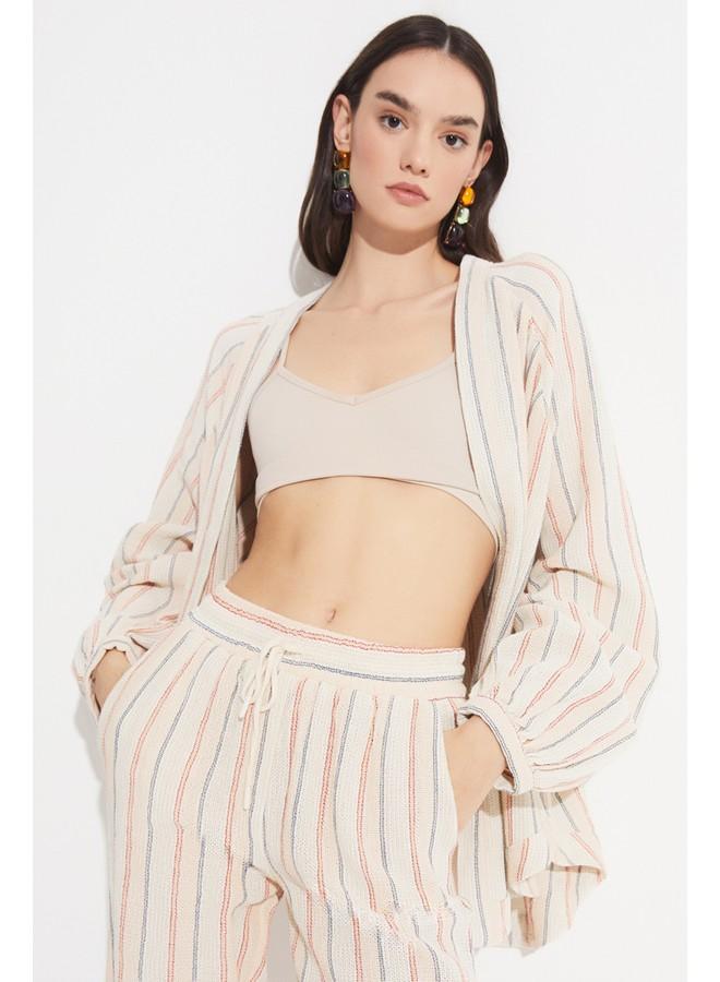 جون كيمونو نسائي صيفي قطن 100% مخطط بيج بأكمام بالون - Image 5