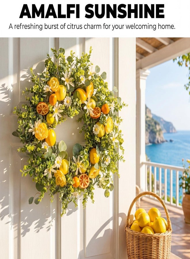 Quixem 22 Inch Lemon Wreath for Front Door, UV Resistant Faux Dried Orange Citrus Floral, Waterproof Farmhouse Spring Summer Wreath - Image 2