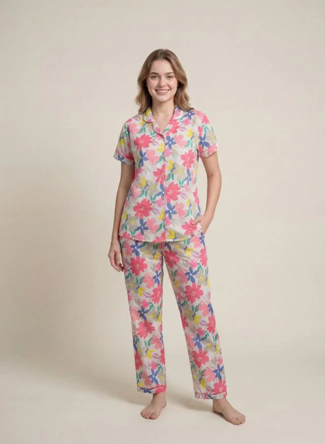 Mish  White Floral Printed Nightwear Shirt With Matching Pants for Women | Best Price UAE