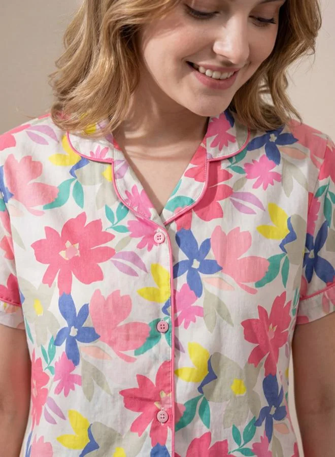 Mish  White Floral Printed Nightwear Shirt With Matching Pants for Women | Best Price UAE