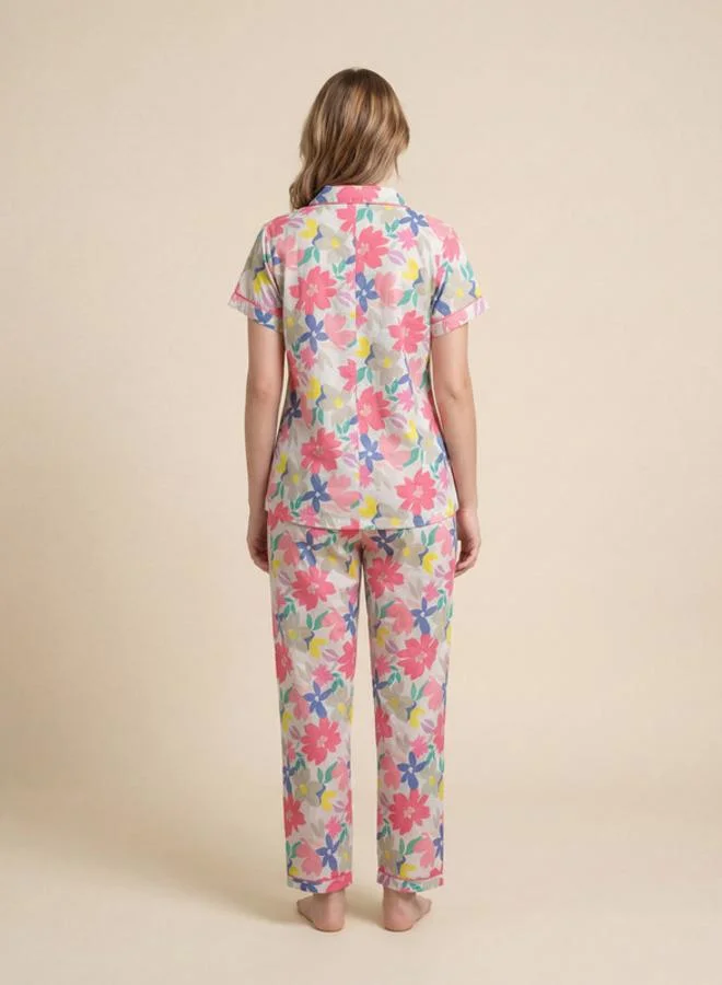 Mish  White Floral Printed Nightwear Shirt With Matching Pants for Women | Best Price UAE