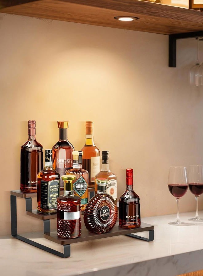 Mkono Liquor Bottle Display Shelf 3 Tier Coffee Syrup Rack Organizer Rustic Wine Rack Metal Bar Shelf with Wooden Base Syrup Stand Holder for Storage Whiskey Bar Kitchen Party，Brown - Image 4