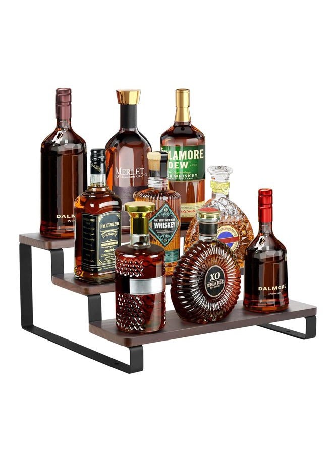 Mkono Liquor Bottle Display Shelf 3 Tier Coffee Syrup Rack Organizer Rustic Wine Rack Metal Bar Shelf with Wooden Base Syrup Stand Holder for Storage Whiskey Bar Kitchen Party，Brown - Image 1