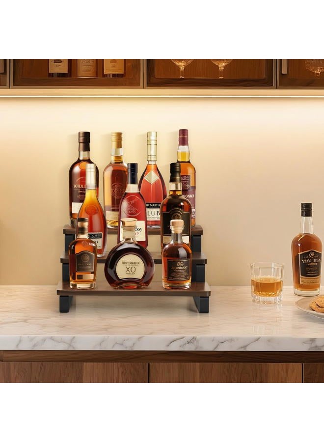 Mkono Liquor Bottle Display Shelf 3 Tier Coffee Syrup Rack Organizer Rustic Wine Rack Metal Bar Shelf with Wooden Base Syrup Stand Holder for Storage Whiskey Bar Kitchen Party，Brown - Image 2