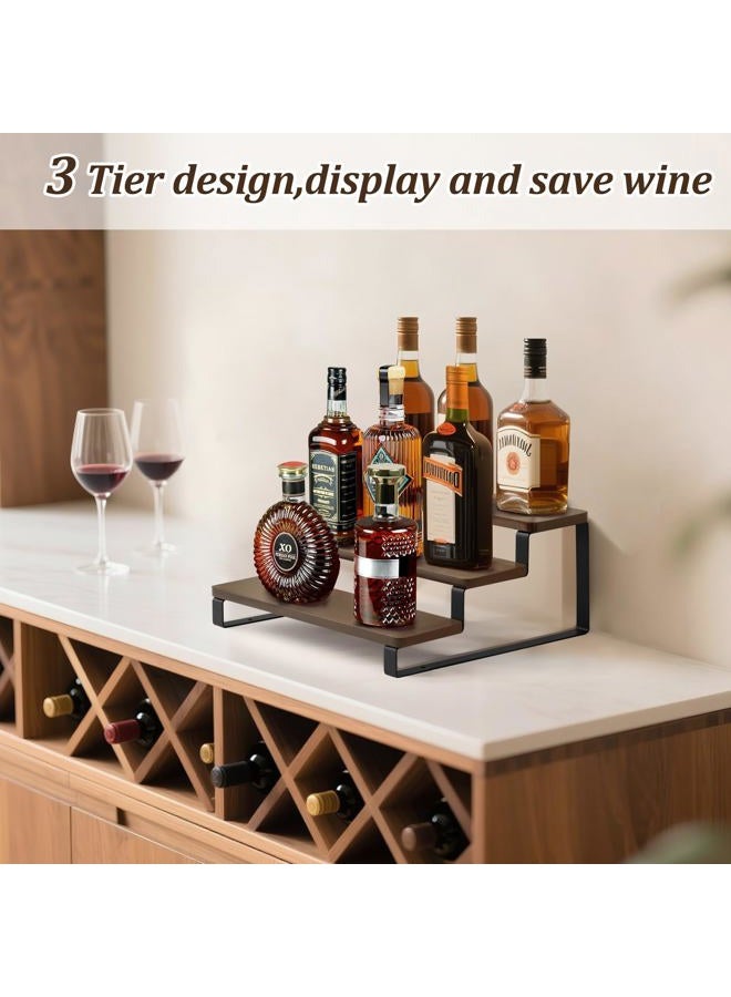 Mkono Liquor Bottle Display Shelf 3 Tier Coffee Syrup Rack Organizer Rustic Wine Rack Metal Bar Shelf with Wooden Base Syrup Stand Holder for Storage Whiskey Bar Kitchen Party，Brown - Image 3