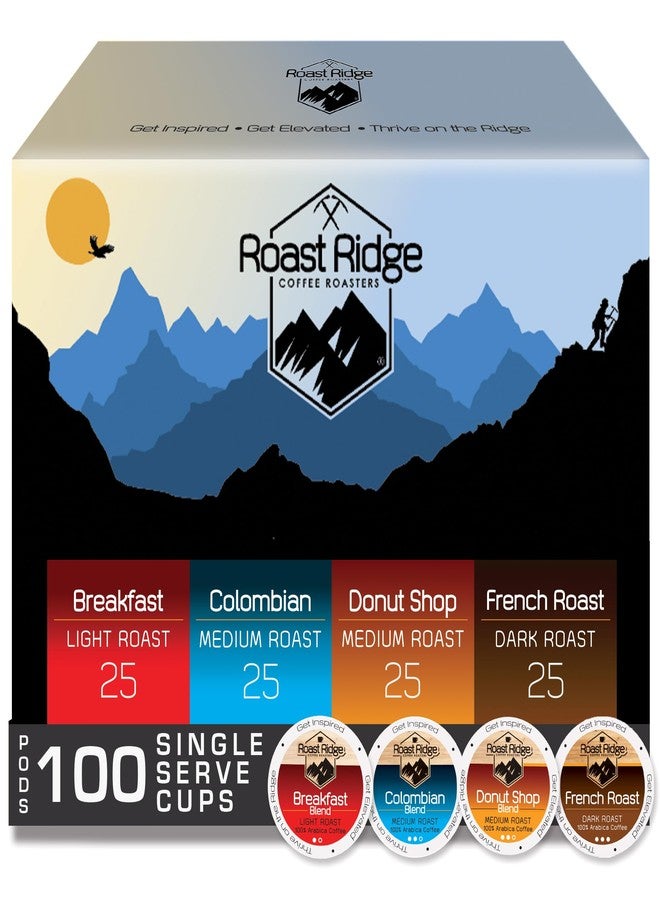 Roast Ridge كبسولات قهوة روست ريدج للاستخدام الفردي لماكينات تحضير القهوة كيوريج كي-كاب، عبوة متنوعة، تحميص خفيف، تحميص متوسط، تحميص داكن، 100 كبسولة (25 كبسولة من كل نوع: مزيج الإفطار، متجر الدونات، التحميص الفرنسي، الكولومبي) - Image 1
