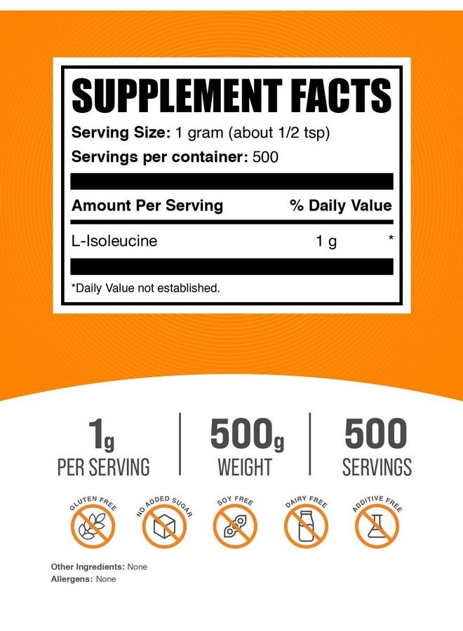 BulkSupplements مسحوق L-Isoleucine من BulkSupplements.com - مكمل حمض أميني، مكمل BCAA - بدون نكهة وخالي من الغلوتين، 1 جرام لكل حصة، 500 جرام (1.1 رطل) (عبوة من 1) - Image 2
