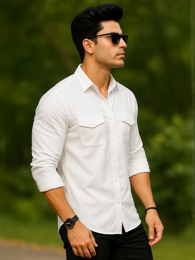 Veirdo® Men's Pure Cotton Utility Shirt | Full Sleeve Casual Button-Down with Dual Chest Pockets | Stylish & Comfortable Everyday Wear | VD_FS_RC_SH_WT_S White - Image 4