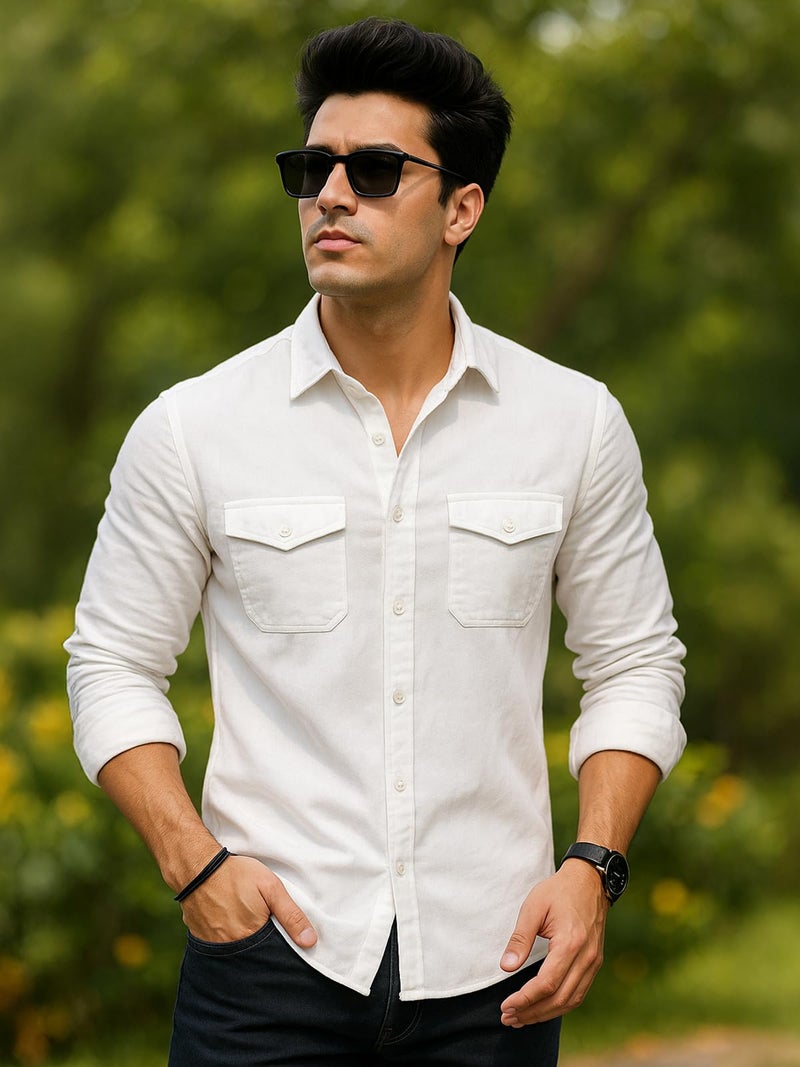 Veirdo® Men's Pure Cotton Utility Shirt | Full Sleeve Casual Button-Down with Dual Chest Pockets | Stylish & Comfortable Everyday Wear | VD_FS_RC_SH_WT_S White - Image 2