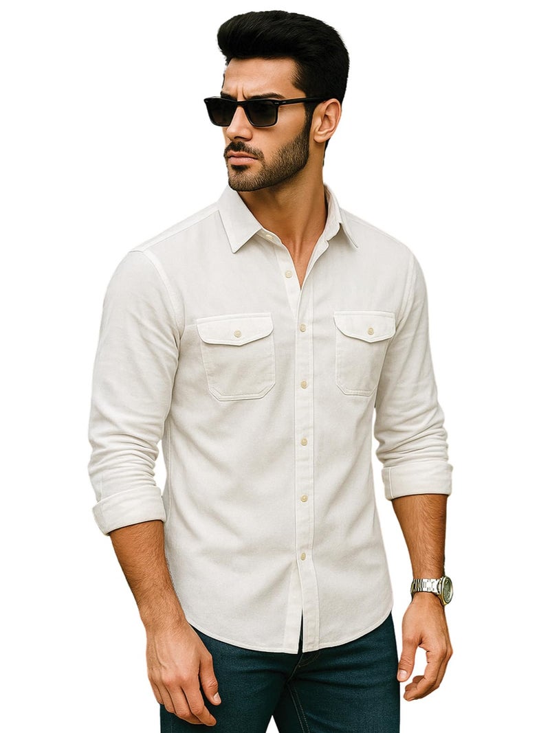 Veirdo® Men's Pure Cotton Utility Shirt | Full Sleeve Casual Button-Down with Dual Chest Pockets | Stylish & Comfortable Everyday Wear | VD_FS_RC_SH_WT_S White - Image 1