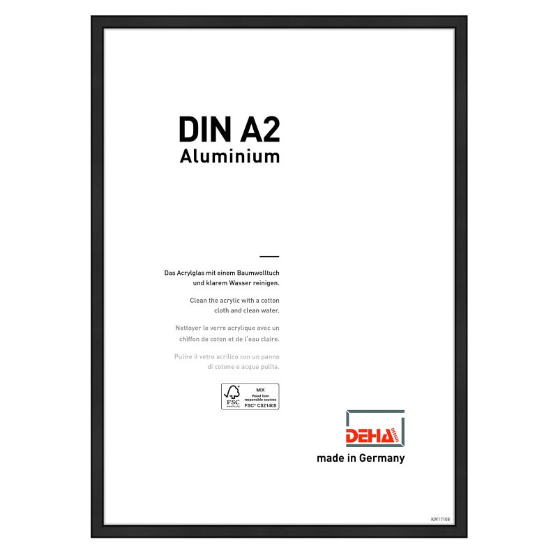DEHA Design Boston Aluminium Picture Frame Matt Black A2 42x594cm with Push and Turn Clips