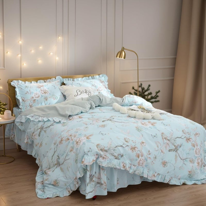FADFAY Farmhouse Floral Bedding Shabby Blue Bird Print French Countryside Chic Bedding Set Luxury Bedskirt Collections 800 Thread Count 100 Egyptian Cotton 4 PieceKing Size