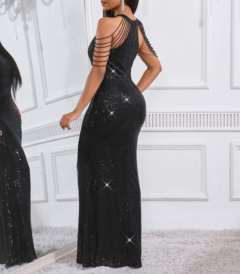 Cololura Women Sexy Elegant Sequin Tassel Off Shoulder Halter Bodycon Maxi Dress Party Evening Gown Formal Dress - Image 4