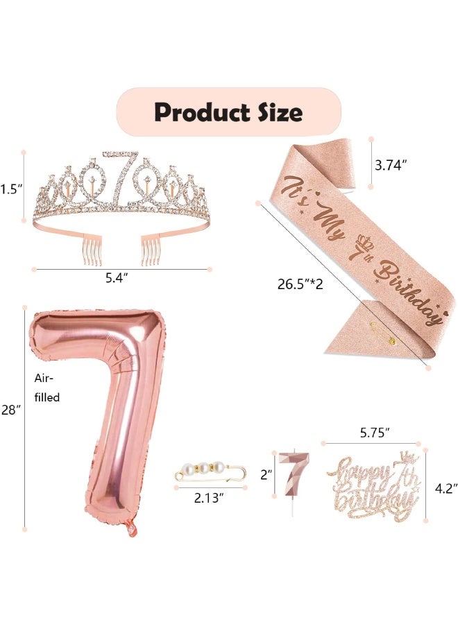 7th Birthday Decorations for Girls, Including 7 year old Birthday Cake Topper, Birthday Queen Sash with Pearl Pin, Sweet Rhinestone Tiara Crown, Number Candles and Balloons Set, Rose Gold - Image 2