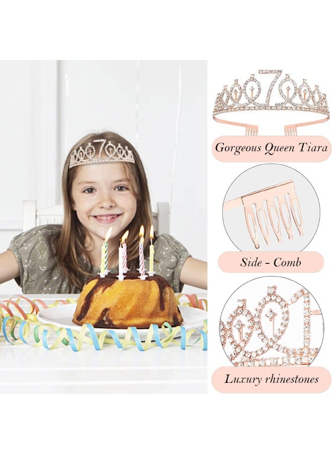 7th Birthday Decorations for Girls, Including 7 year old Birthday Cake Topper, Birthday Queen Sash with Pearl Pin, Sweet Rhinestone Tiara Crown, Number Candles and Balloons Set, Rose Gold - Image 3