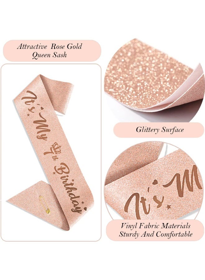 7th Birthday Decorations for Girls, Including 7 year old Birthday Cake Topper, Birthday Queen Sash with Pearl Pin, Sweet Rhinestone Tiara Crown, Number Candles and Balloons Set, Rose Gold - Image 4