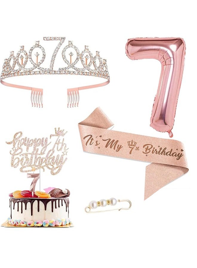 7th Birthday Decorations for Girls, Including 7 year old Birthday Cake Topper, Birthday Queen Sash with Pearl Pin, Sweet Rhinestone Tiara Crown, Number Candles and Balloons Set, Rose Gold - Image 1