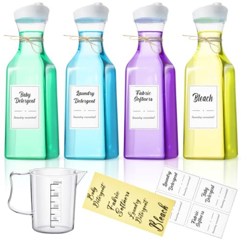 4 Pcs Laundry Detergent Dispenser Bottle 51oz with Measure Cup Labels for Laundry Detergent Soap Fabric Softener Bleach Scent Booster Beads Bottle for Laundry Room Decor - Image 1