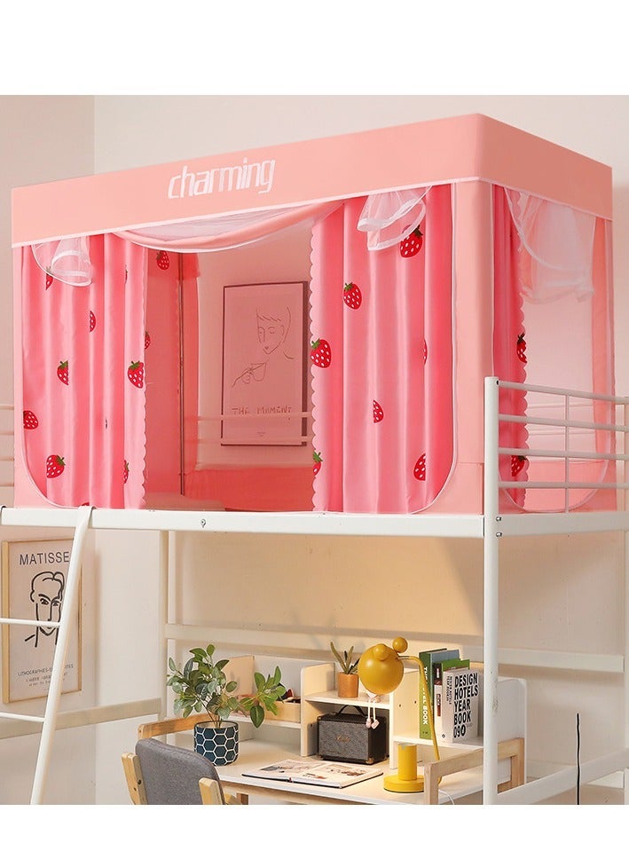 Bluejw Bed Canopy Tents Curtain Blackout Single Bed Tent Student Shading Cloth Canopy Dormitory Mosquito Net Sleep Privacy Protection with Frame for Children Bedroom With Pink Strawberry Pattern - Image 1