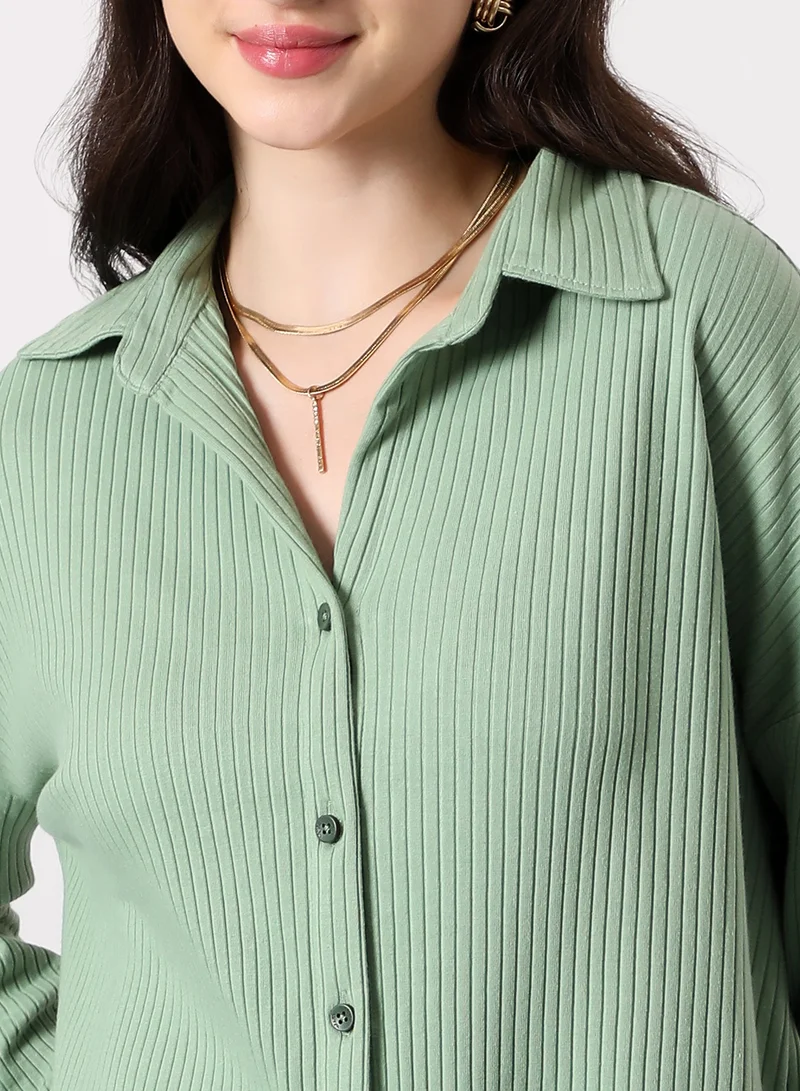 بينيا كولادا Women's Chunky-Ribbed Oversized Shirt | Spread Collar , Long Single-Button Cuff Sleeves, Button Closure | Solid Ribbed | Knitted Shirt For Casual & Daily Wear | Pistachio Green