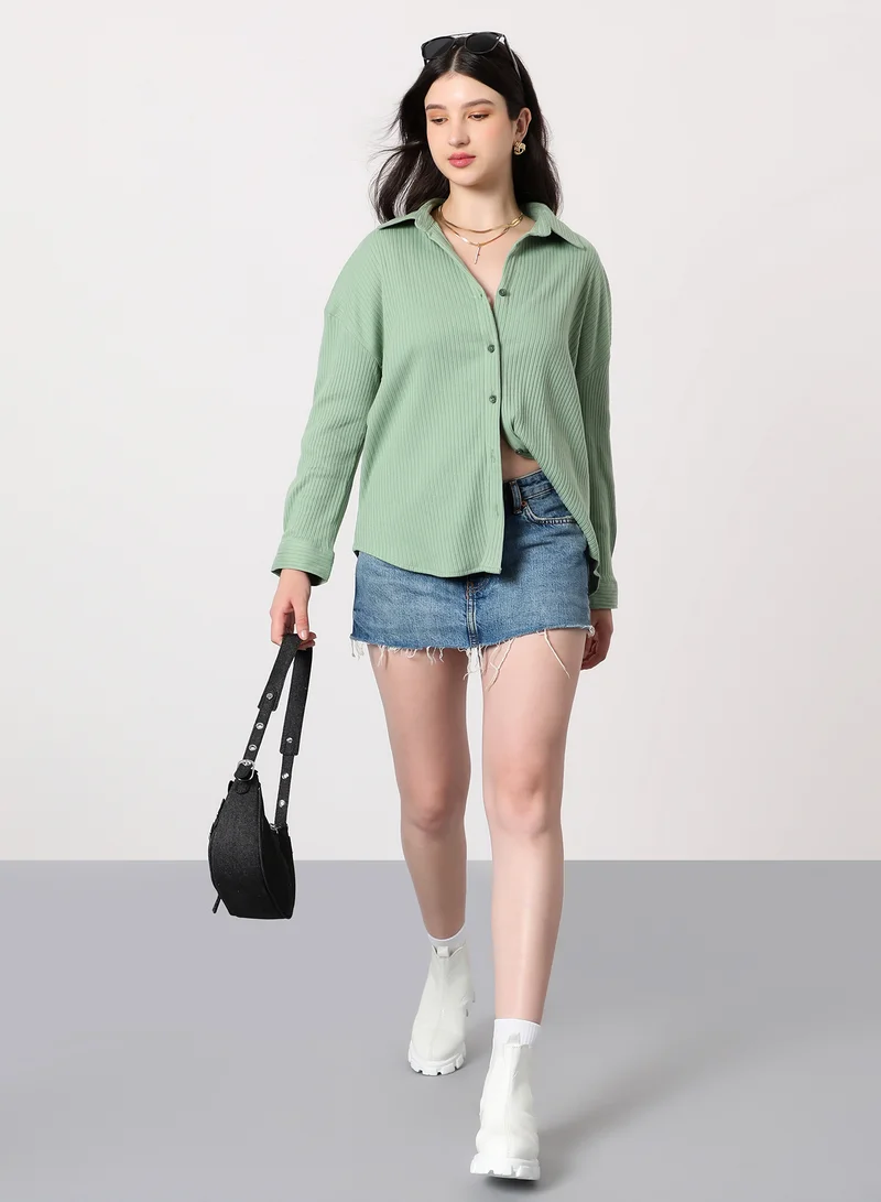 بينيا كولادا Women's Chunky-Ribbed Oversized Shirt | Spread Collar , Long Single-Button Cuff Sleeves, Button Closure | Solid Ribbed | Knitted Shirt For Casual & Daily Wear | Pistachio Green