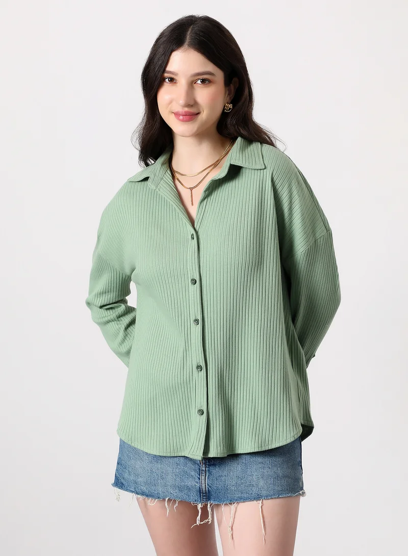بينيا كولادا Women's Chunky-Ribbed Oversized Shirt | Spread Collar , Long Single-Button Cuff Sleeves, Button Closure | Solid Ribbed | Knitted Shirt For Casual & Daily Wear | Pistachio Green