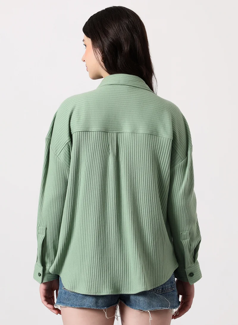 بينيا كولادا Women's Chunky-Ribbed Oversized Shirt | Spread Collar , Long Single-Button Cuff Sleeves, Button Closure | Solid Ribbed | Knitted Shirt For Casual & Daily Wear | Pistachio Green