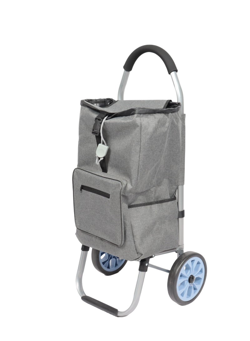 Multi-purpose shopping cart with a stylish and sturdy design with large storage pockets and features durable, non-slip foam wheels with a comfortable handle for hand comfort.