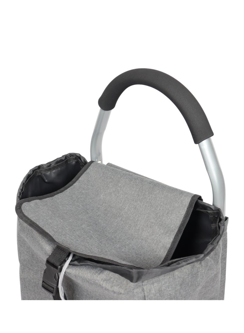 Multi-purpose shopping cart with a stylish and sturdy design with large storage pockets and features durable, non-slip foam wheels with a comfortable handle for hand comfort.