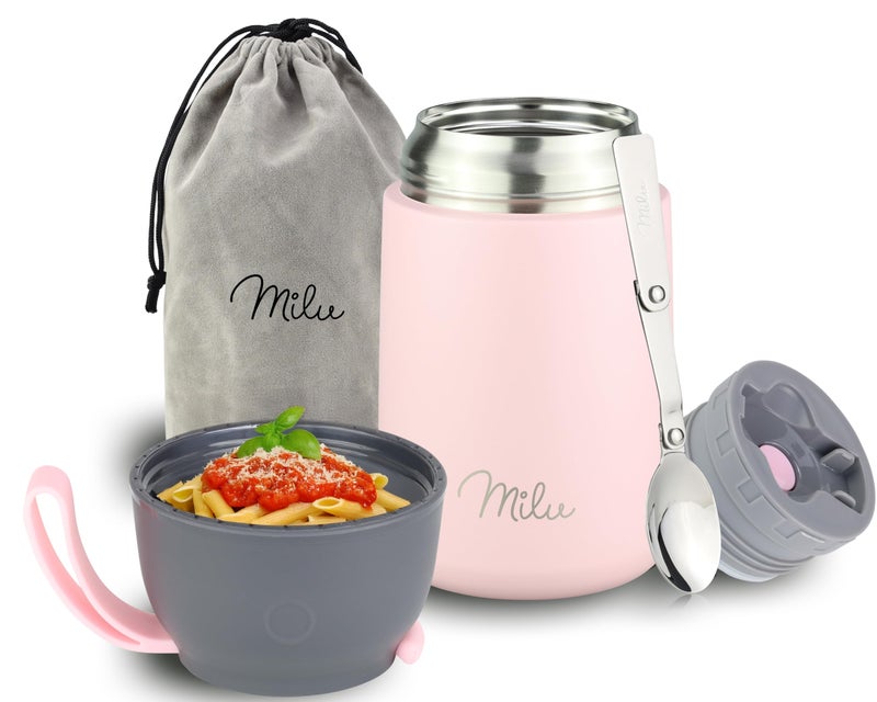 Milu Food Flask for Hot Food  650ml Leakproof Insulated Stainless Steel Thermal Lunch Box Soup Container with Spoon BPAFree To go Meal Prep Porridge Pink 650ml