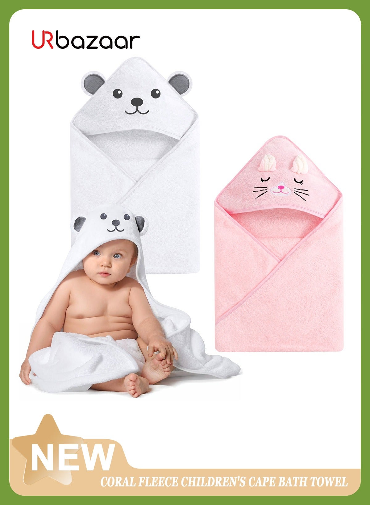 2Pcs Bamboo Hooded Baby Towel,Organic Bamboo Bath Towel for Toddler, Soft and Super Absorbent Washcloth, Machine Washable Towel, Keeps Your Baby Warm & Cosy