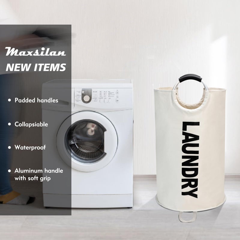 Maxsilan 90L Large Laundry Basket, Freestanding Tall Clothes Hamper, Collapsible Laundry Bag, Beige - Image 2