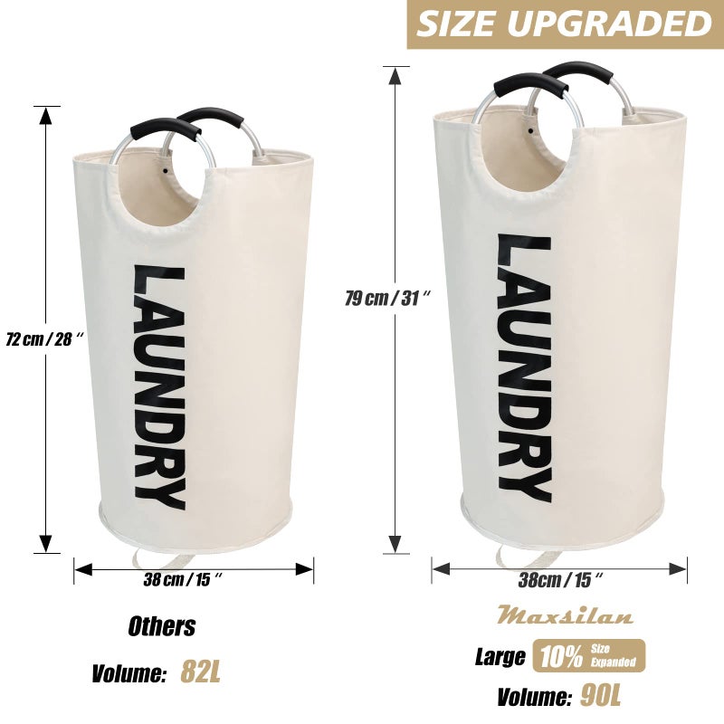 Maxsilan 90L Large Laundry Basket, Freestanding Tall Clothes Hamper, Collapsible Laundry Bag, Beige - Image 3