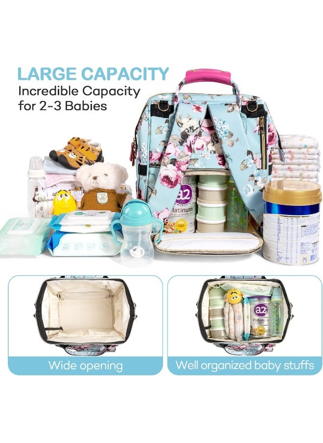 LitBear LitBear Diaper Bag Backpack, Large Capacity Multifunction Nappy Bags, Waterproof Baby Bag Floral Insulated Sturdy Travel Maternity Back Pack for Baby Girls with Diaper Pad Bottle Bag (Rose Flower)  - Image 2