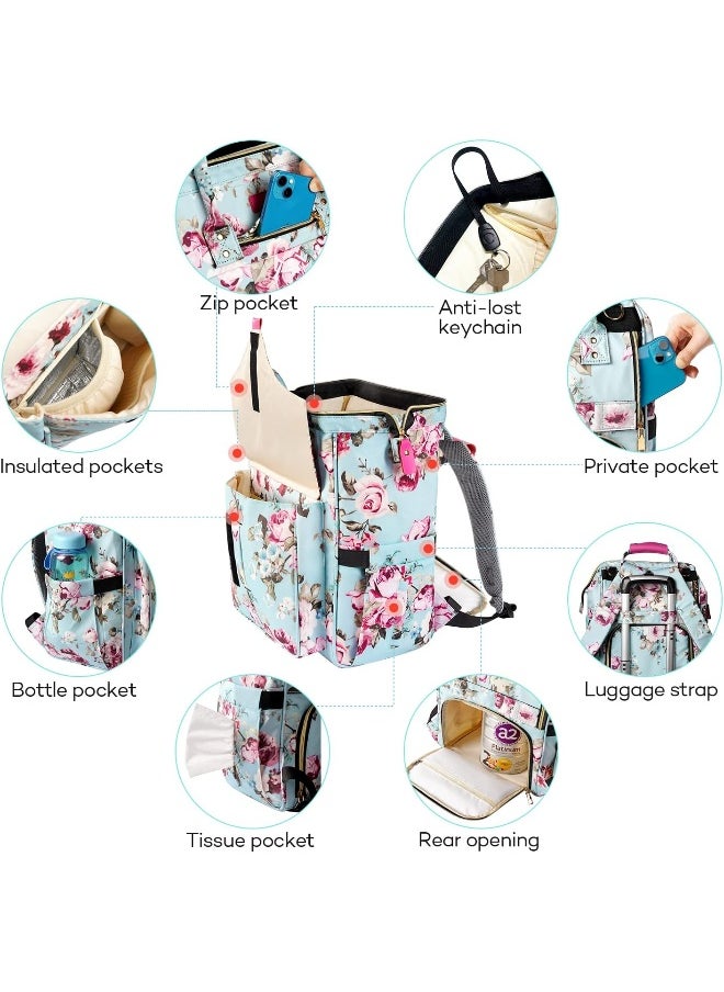 LitBear LitBear Diaper Bag Backpack, Large Capacity Multifunction Nappy Bags, Waterproof Baby Bag Floral Insulated Sturdy Travel Maternity Back Pack for Baby Girls with Diaper Pad Bottle Bag (Rose Flower)  - Image 3