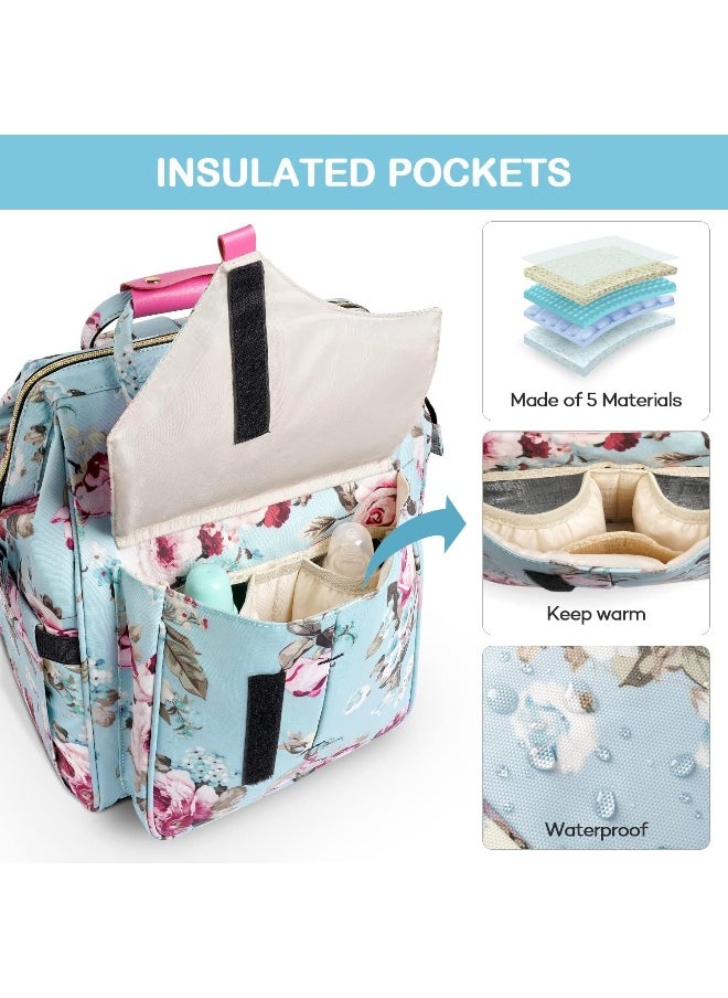 LitBear LitBear Diaper Bag Backpack, Large Capacity Multifunction Nappy Bags, Waterproof Baby Bag Floral Insulated Sturdy Travel Maternity Back Pack for Baby Girls with Diaper Pad Bottle Bag (Rose Flower)  - Image 4