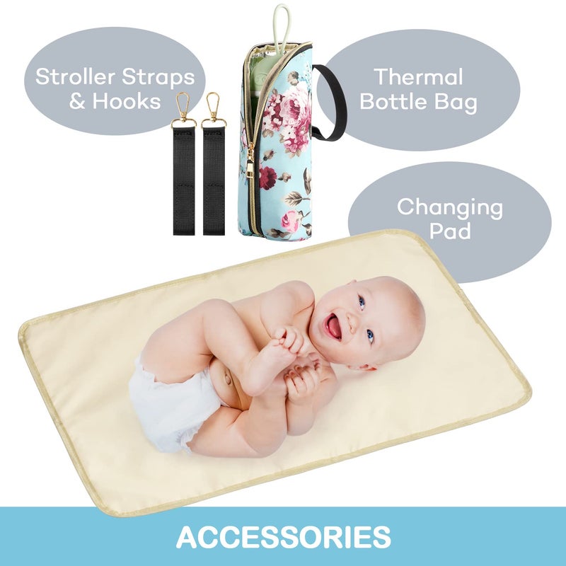 LitBear Diaper Bag Backpack, Large Capacity Multifunction Nappy Bags, Waterproof Baby Bag Floral Insulated Sturdy Travel Maternity Back Pack for Baby Girls with Diaper Pad Bottle Bag (Rose Flower) - Image 5