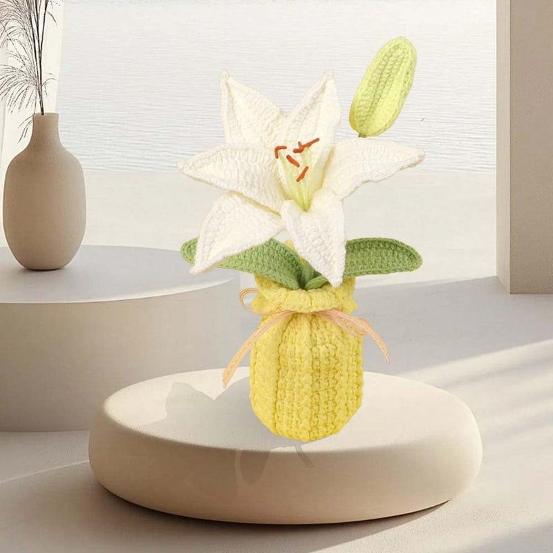 Multi-demand satisfied design Finished Crochet Lily Potted Plants,Artificial Handmade Knitting Lily Flowers with Exquisite Knitted Vase for Car Dashboard Home Office Desk Decor,White Light sturdy raw material - Image 5