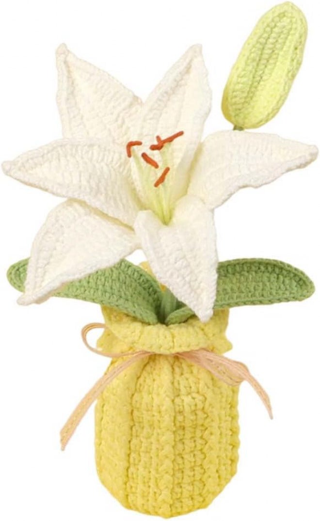 Multi-demand satisfied design Finished Crochet Lily Potted Plants,Artificial Handmade Knitting Lily Flowers with Exquisite Knitted Vase for Car Dashboard Home Office Desk Decor,White Light sturdy raw material - Image 1