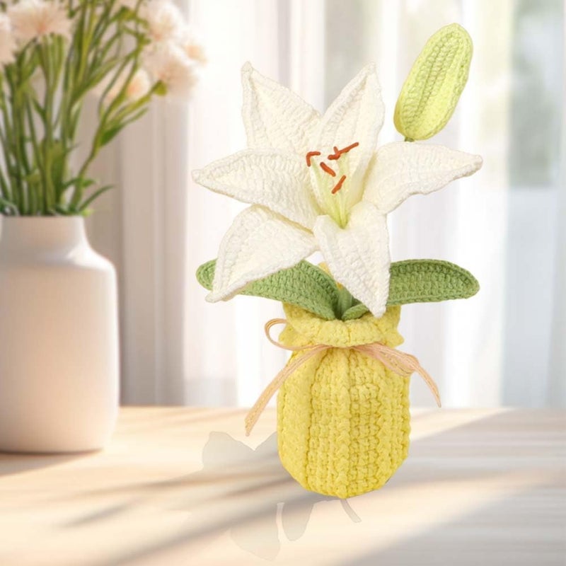 Multi-demand satisfied design Finished Crochet Lily Potted Plants,Artificial Handmade Knitting Lily Flowers with Exquisite Knitted Vase for Car Dashboard Home Office Desk Decor,White Light sturdy raw material - Image 4