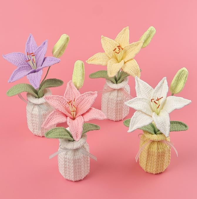 Multi-demand satisfied design Finished Crochet Lily Potted Plants,Artificial Handmade Knitting Lily Flowers with Exquisite Knitted Vase for Car Dashboard Home Office Desk Decor,White Light sturdy raw material - Image 2