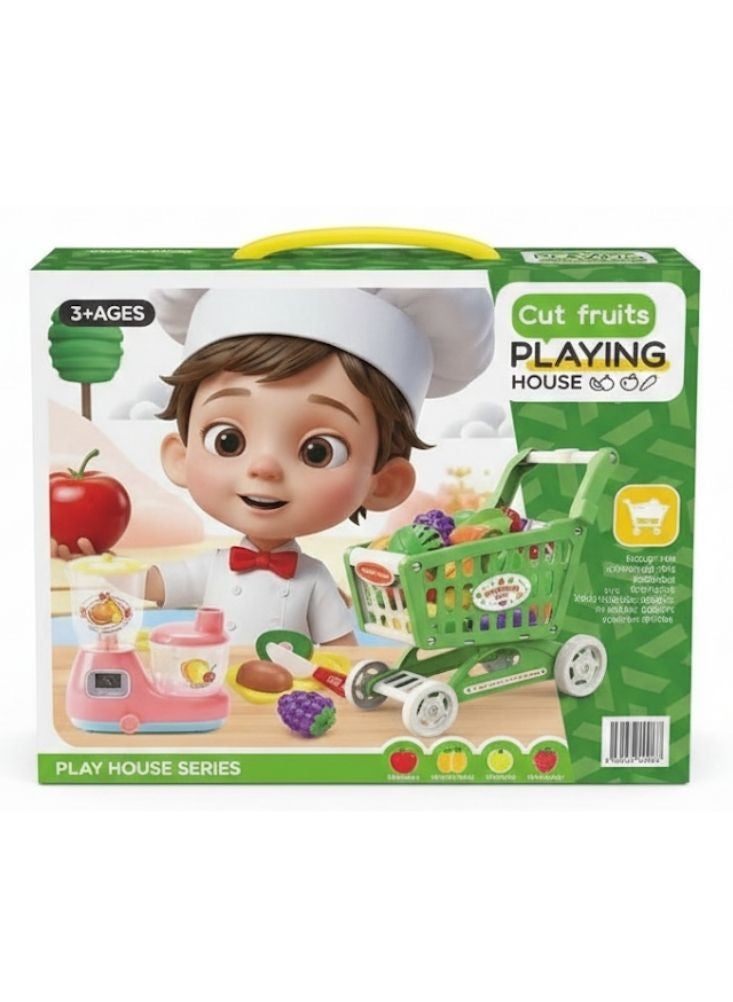 بريميم مجموعة ألعاب بيت لعب الفواكه المقطعة للأطفال مع عربة تسوق وأدوات مطبخ - Image 2