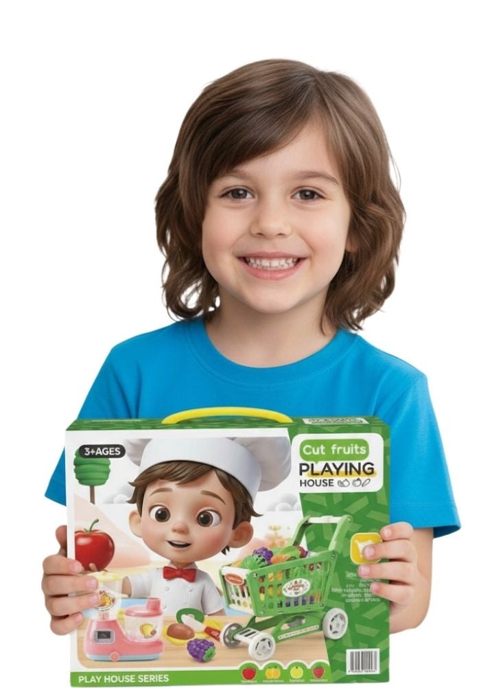 بريميم مجموعة ألعاب بيت لعب الفواكه المقطعة للأطفال مع عربة تسوق وأدوات مطبخ - Image 1