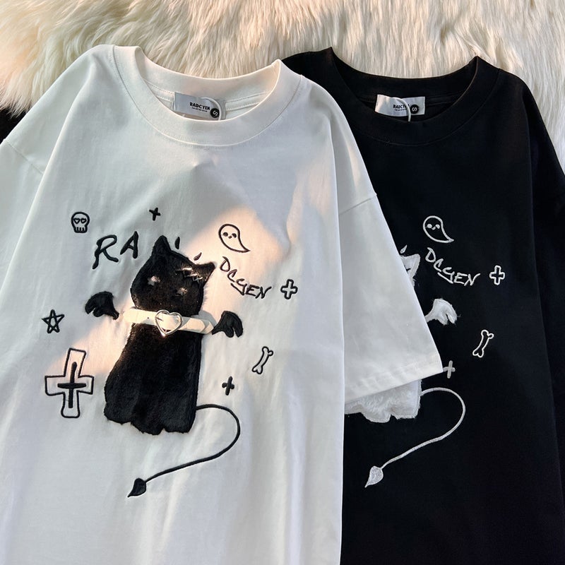 American Style Retro Embroidered Cat Short-Sleeved T-Shirt Women'S Sweet Cool Ins Loose Design Sense Niche Trendy Brand Subculture Top - Image 3